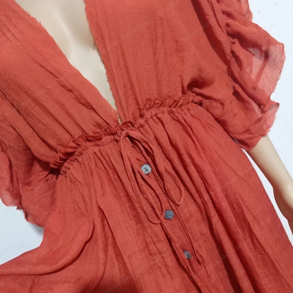Red Boho Gauze Boho Button Flutter Maxi Dress - Picture 14 of 15